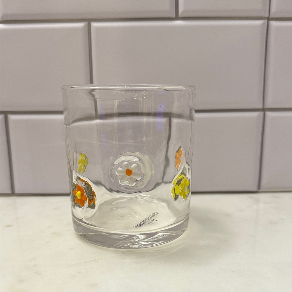 14 oz Double Old Fashioned Glass with Orange and Yellow Floral Accents